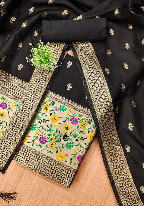 Black Zari Woven Silk Dress Material