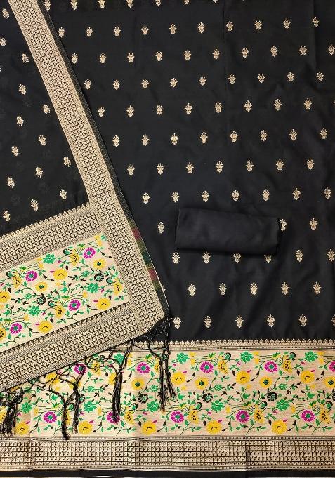 Black Zari Woven Silk Dress Material