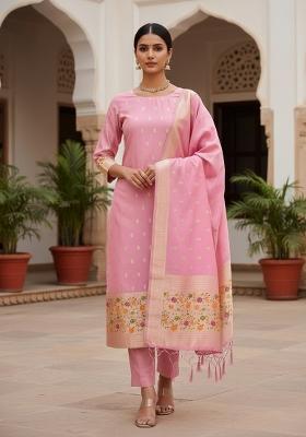 Light Pink Zari Woven Silk Dress Material