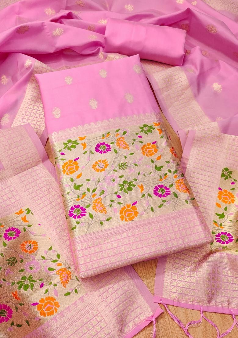 Light Pink Zari Woven Silk Dress Material
