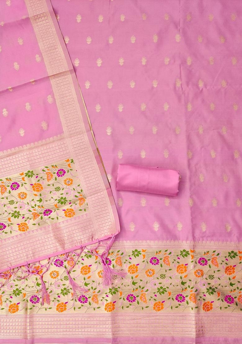 Light Pink Zari Woven Silk Dress Material
