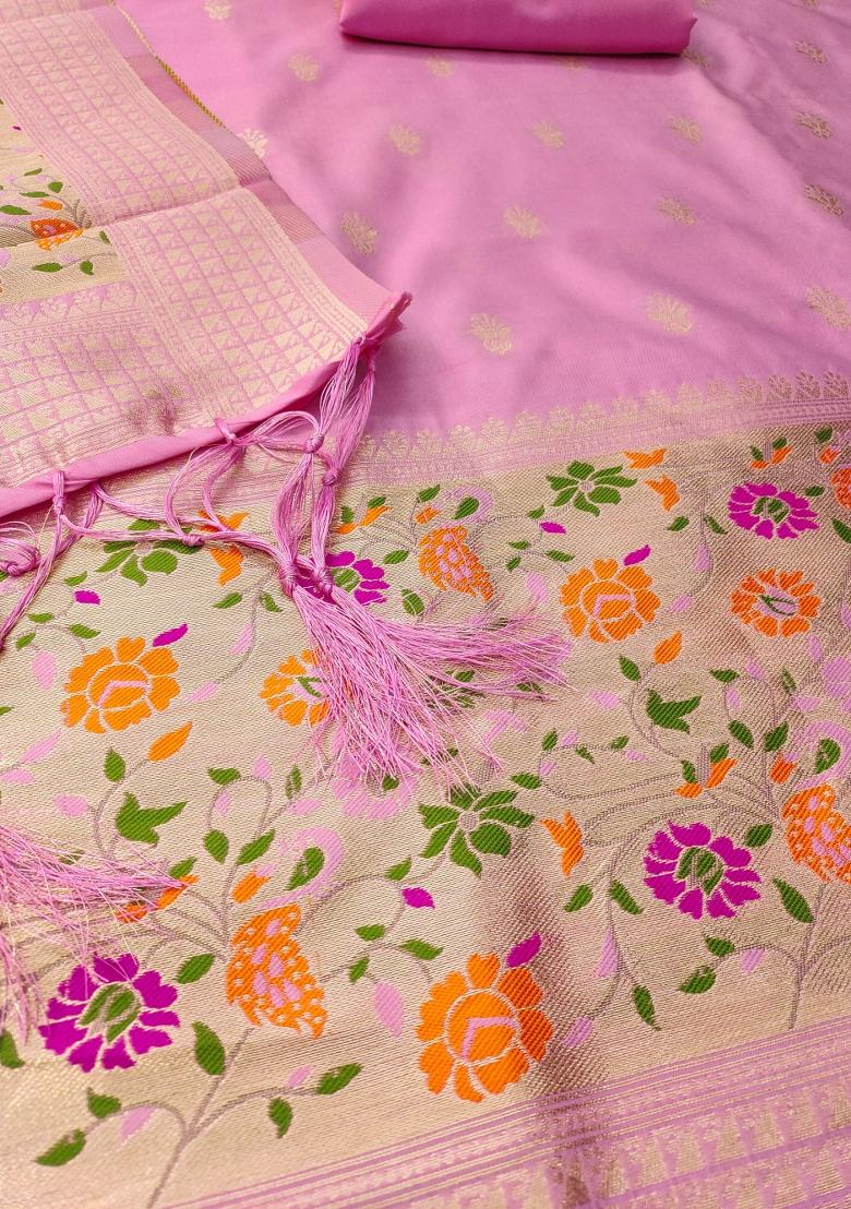 Light Pink Zari Woven Silk Dress Material