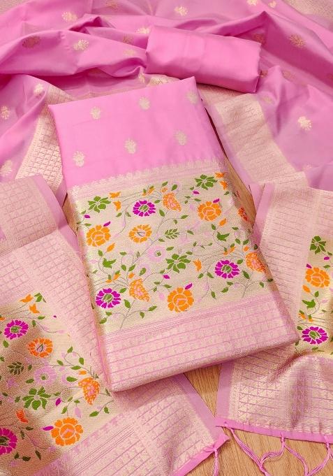 Light Pink Zari Woven Silk Dress Material