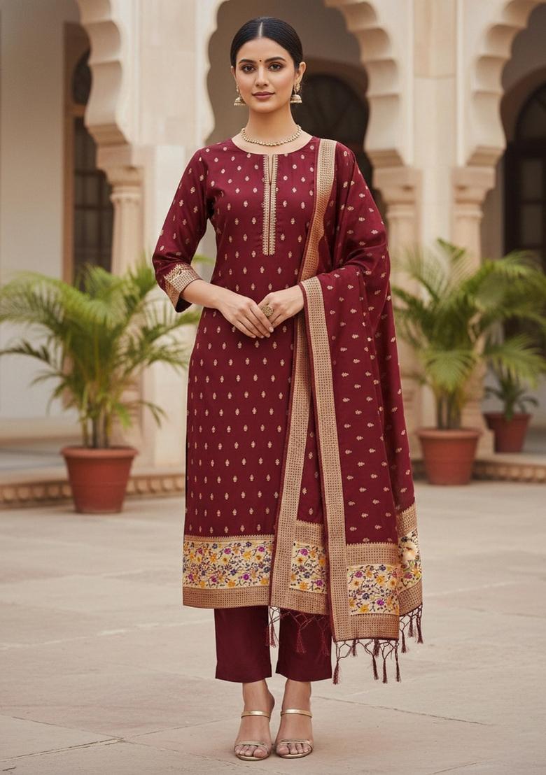 Maroon Zari Woven Silk Dress Material