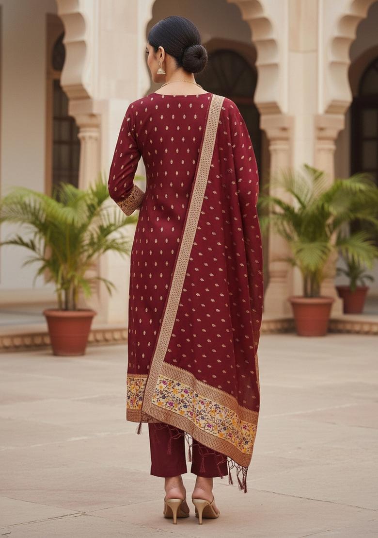 Maroon Zari Woven Silk Dress Material