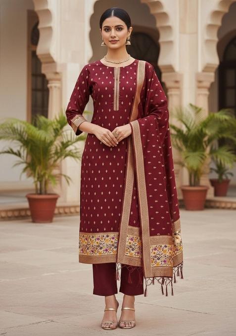 Maroon Zari Woven Silk Dress Material