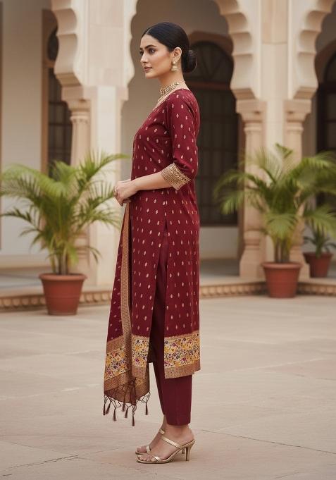 Maroon Zari Woven Silk Dress Material