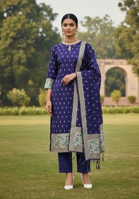 Dark Blue Zari Woven Silk Dress Material