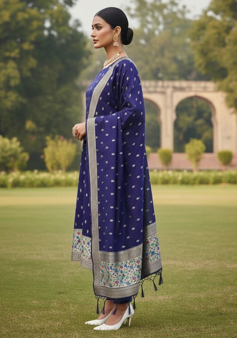 Dark Blue Zari Woven Silk Dress Material - Indya