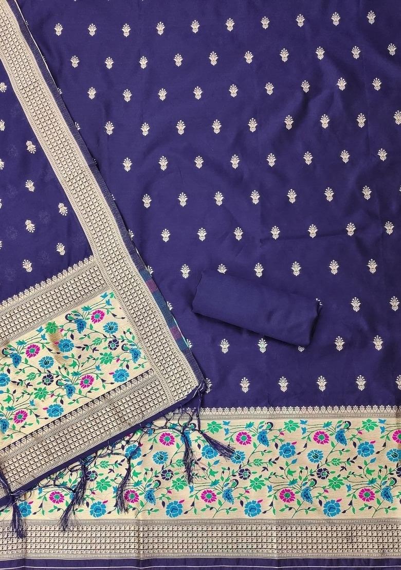 Dark Blue Zari Woven Silk Dress Material - Indya