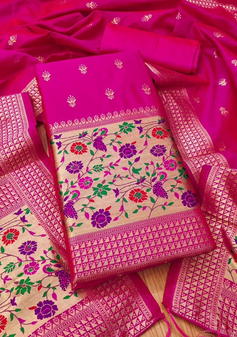 Pink Zari Work Silk Blend Straight Kurta Set - Indya