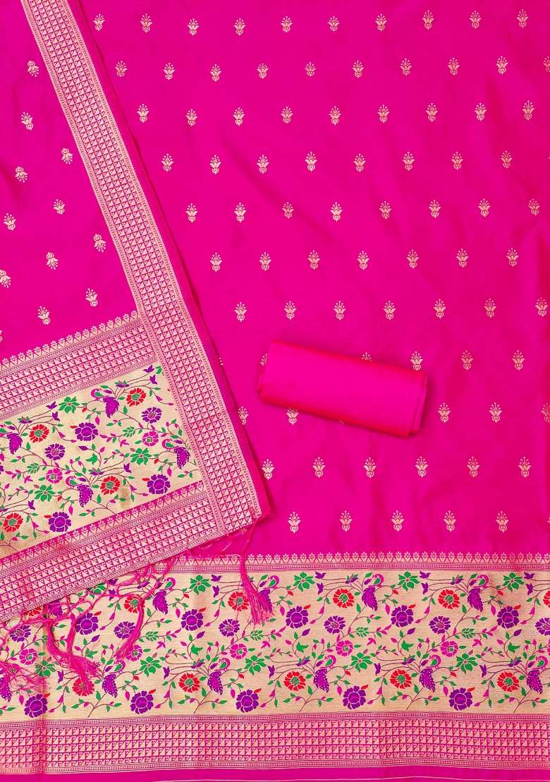 Pink Zari Work Silk Blend Straight Kurta Set - Indya