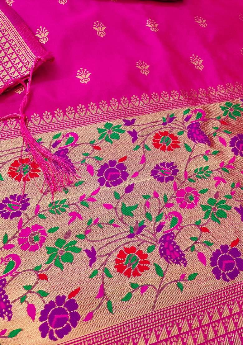 Pink Zari Work Silk Blend Straight Kurta Set - Indya
