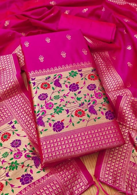 Pink Zari Woven Silk Dress Material