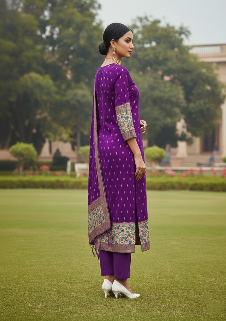 Purple Zari Woven Silk Dress Material - Indya