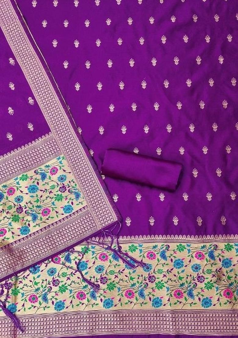Purple Zari Woven Silk Dress Material - Indya