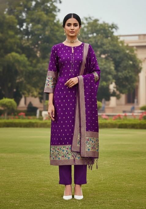Purple Zari Woven Silk Dress Material