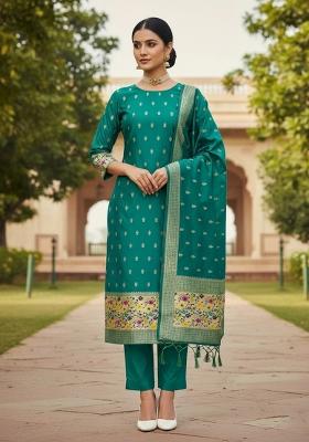 Teal Green Zari Woven Silk Dress Material