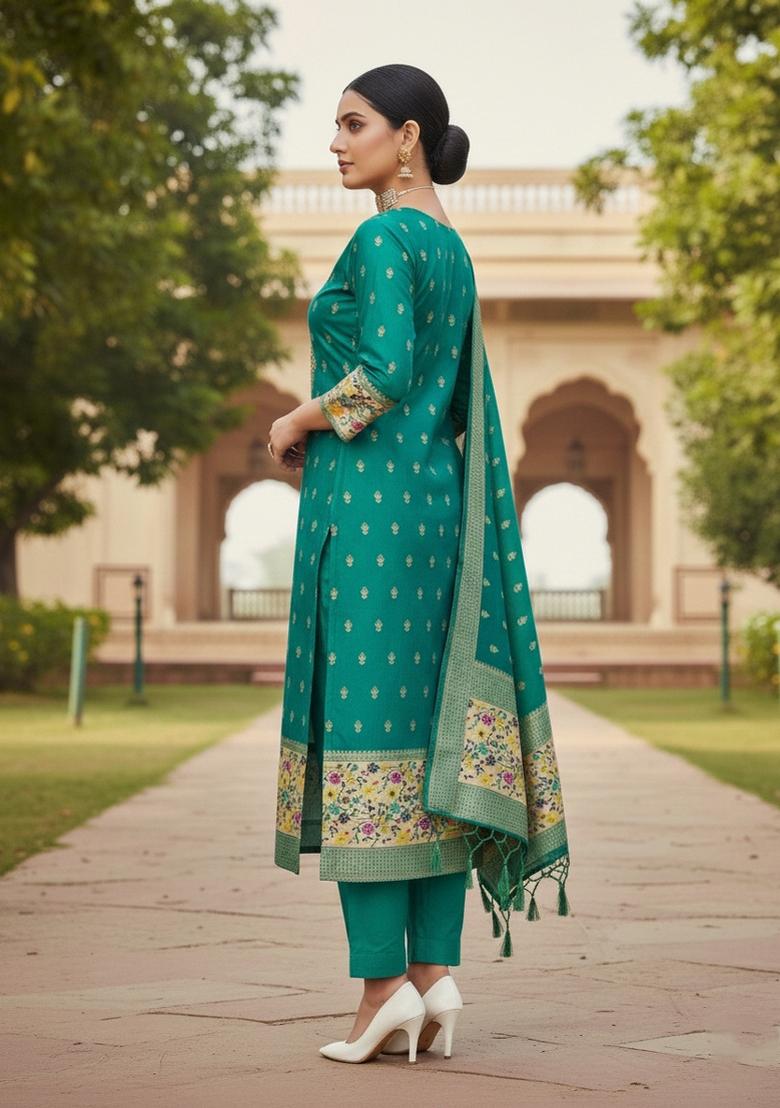 Teal Green Zari Woven Silk Dress Material - Indya