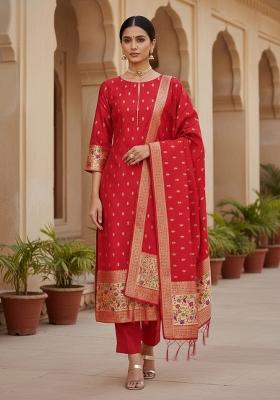 Red Zari Woven Silk Dress Material