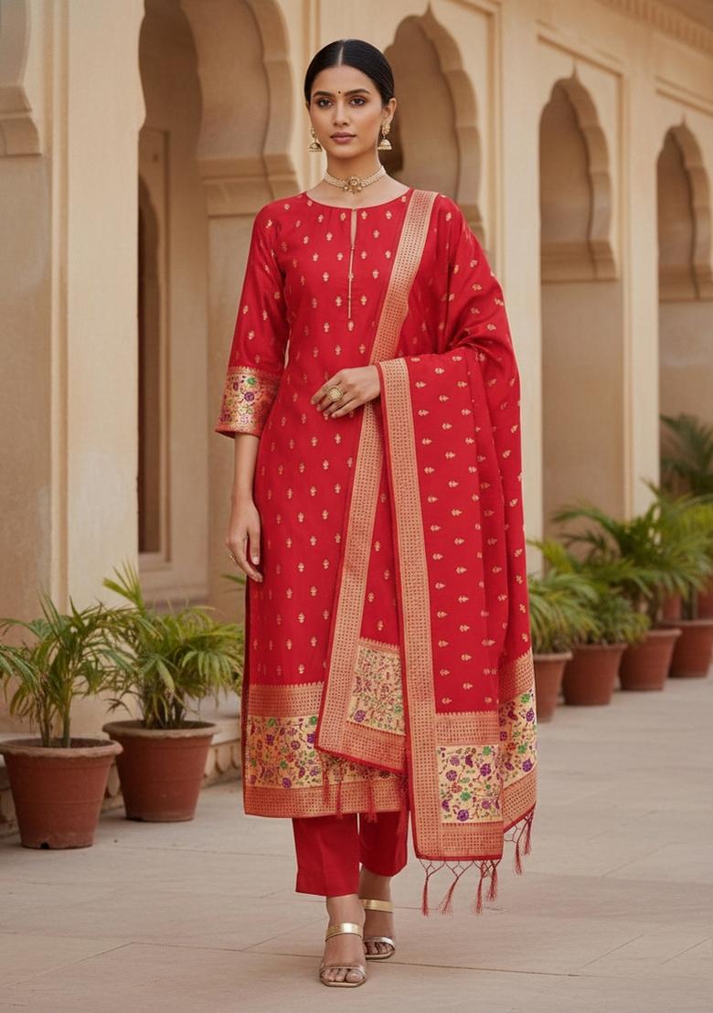 Red Zari Woven Silk Dress Material