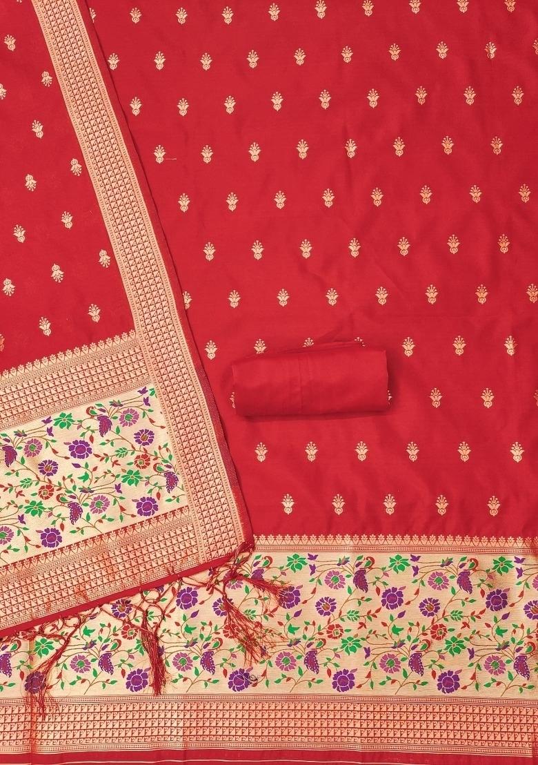 Red Zari Woven Silk Dress Material