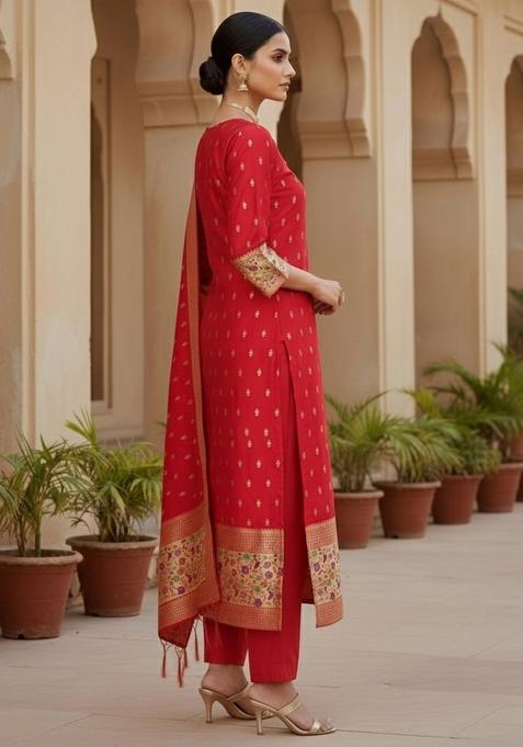 Red Zari Woven Silk Dress Material