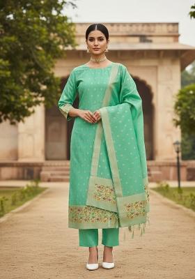 Sea Green Zari Woven Silk Dress Material