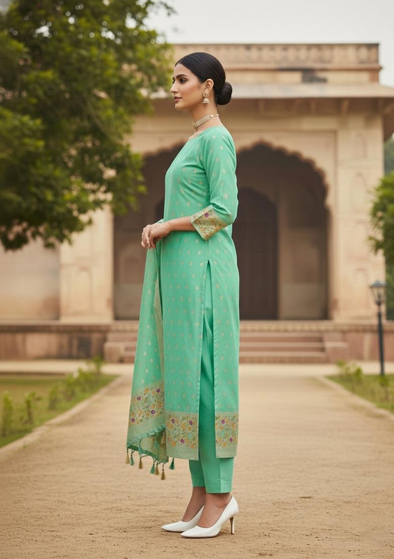 Sea Green Zari Woven Silk Dress Material