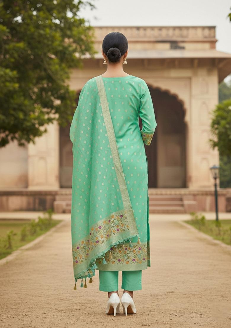 Sea Green Zari Woven Silk Dress Material
