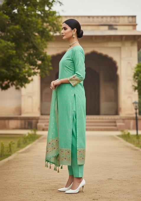 Sea Green Zari Woven Silk Dress Material