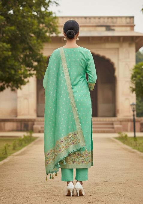 Sea Green Zari Woven Silk Dress Material