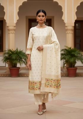 White Zari Woven Silk Dress Material