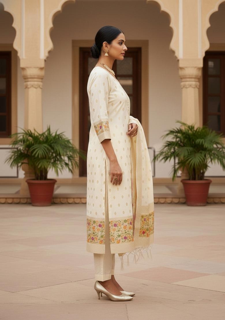 White Zari Woven Silk Dress Material - Indya