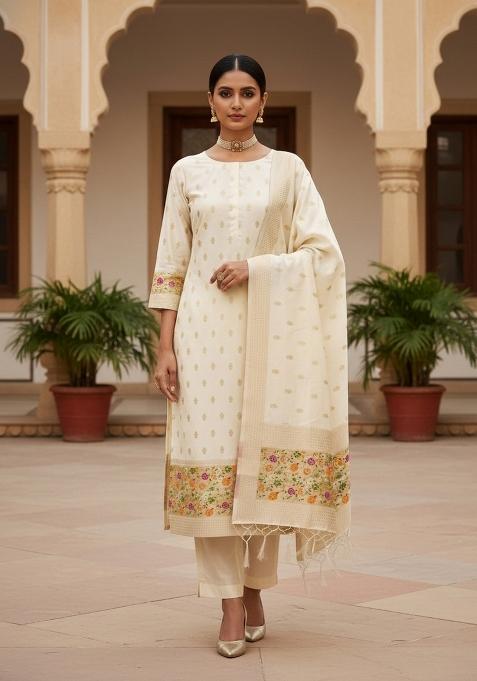 White Zari Woven Silk Dress Material