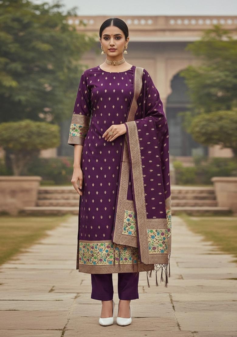 Wine Zari Woven Silk Dress Material