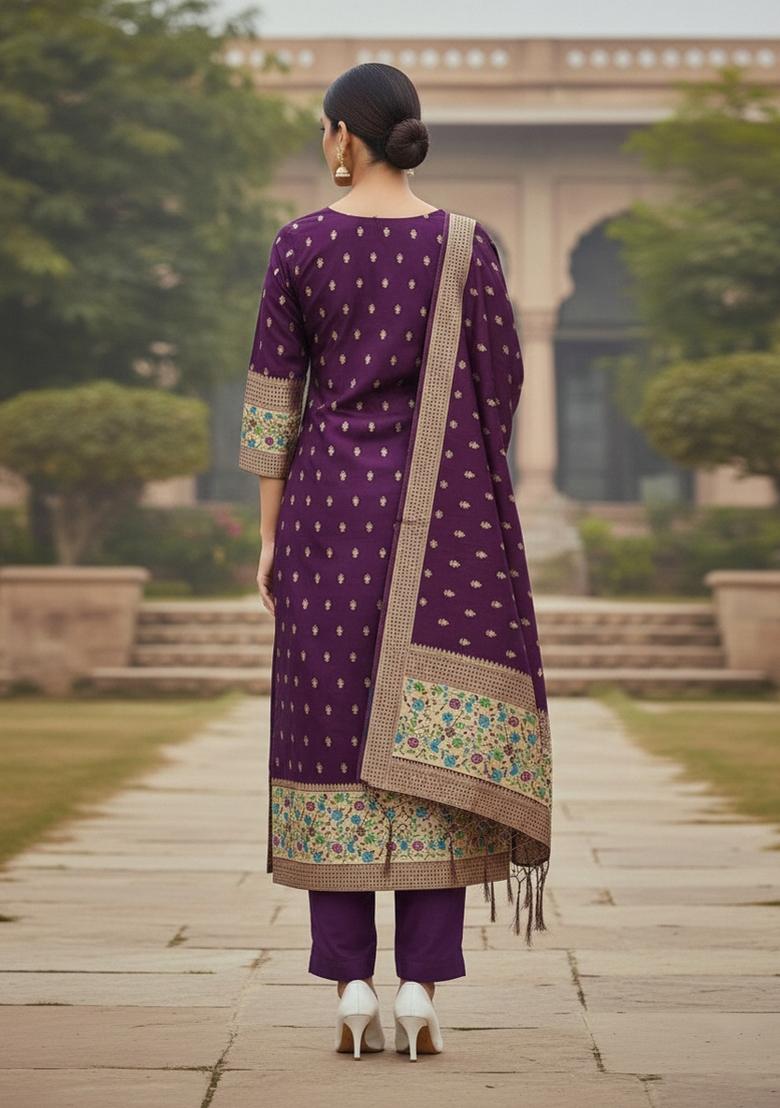 Wine Zari Woven Silk Dress Material