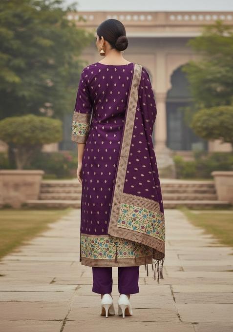 Wine Zari Woven Silk Dress Material