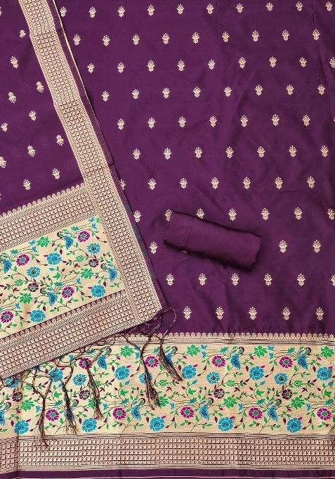 Wine Zari Woven Silk Dress Material