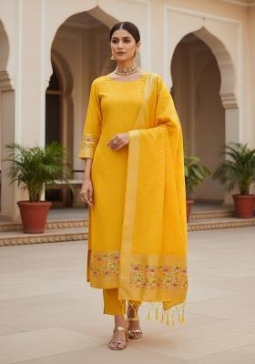 Yellow Zari Woven Silk Dress Material