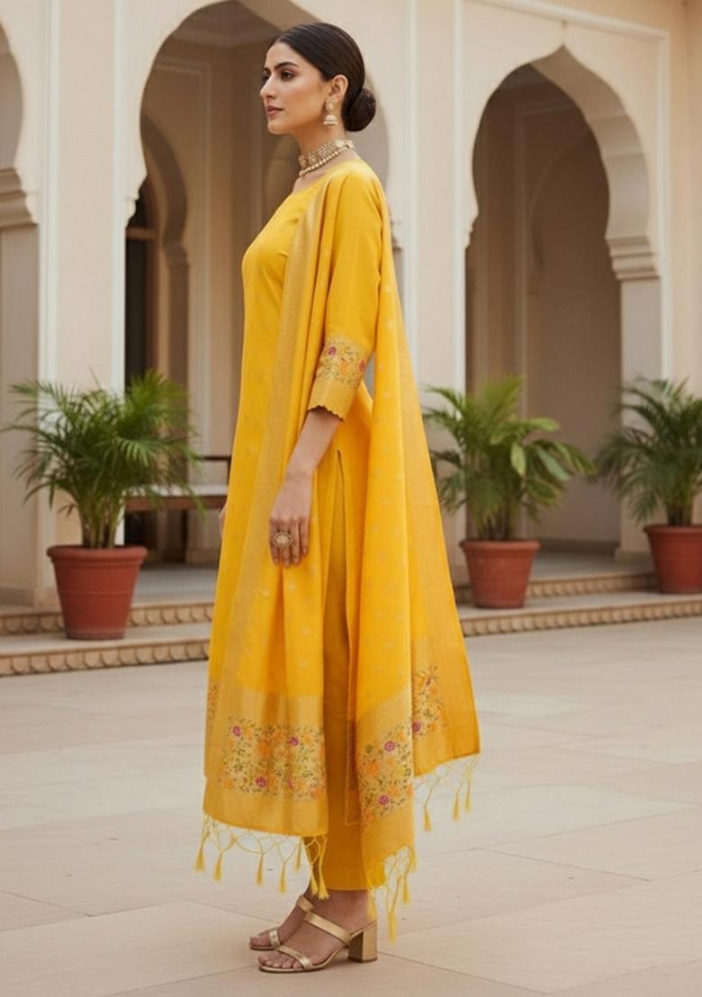 Yellow Zari Woven Silk Dress Material - Indya