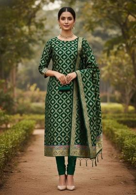 Dark Green Zari Woven Silk Dress Material