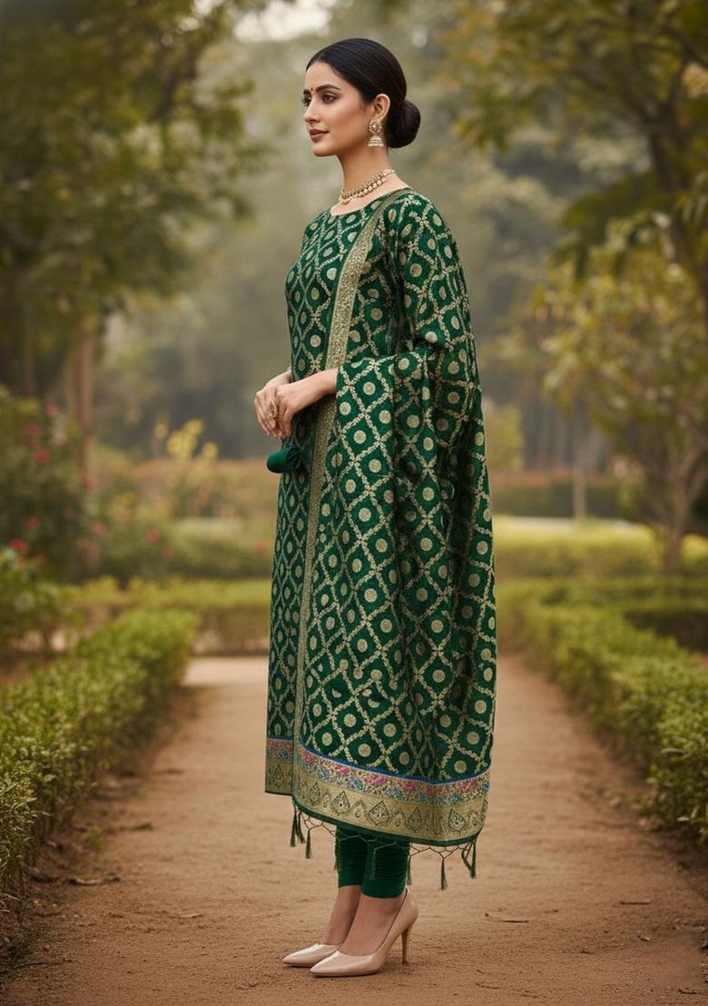 Dark Green Zari Woven Silk Dress Material - Indya