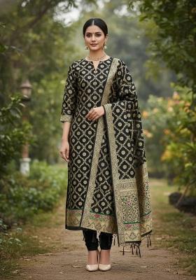 Black Zari Woven Silk Dress Material