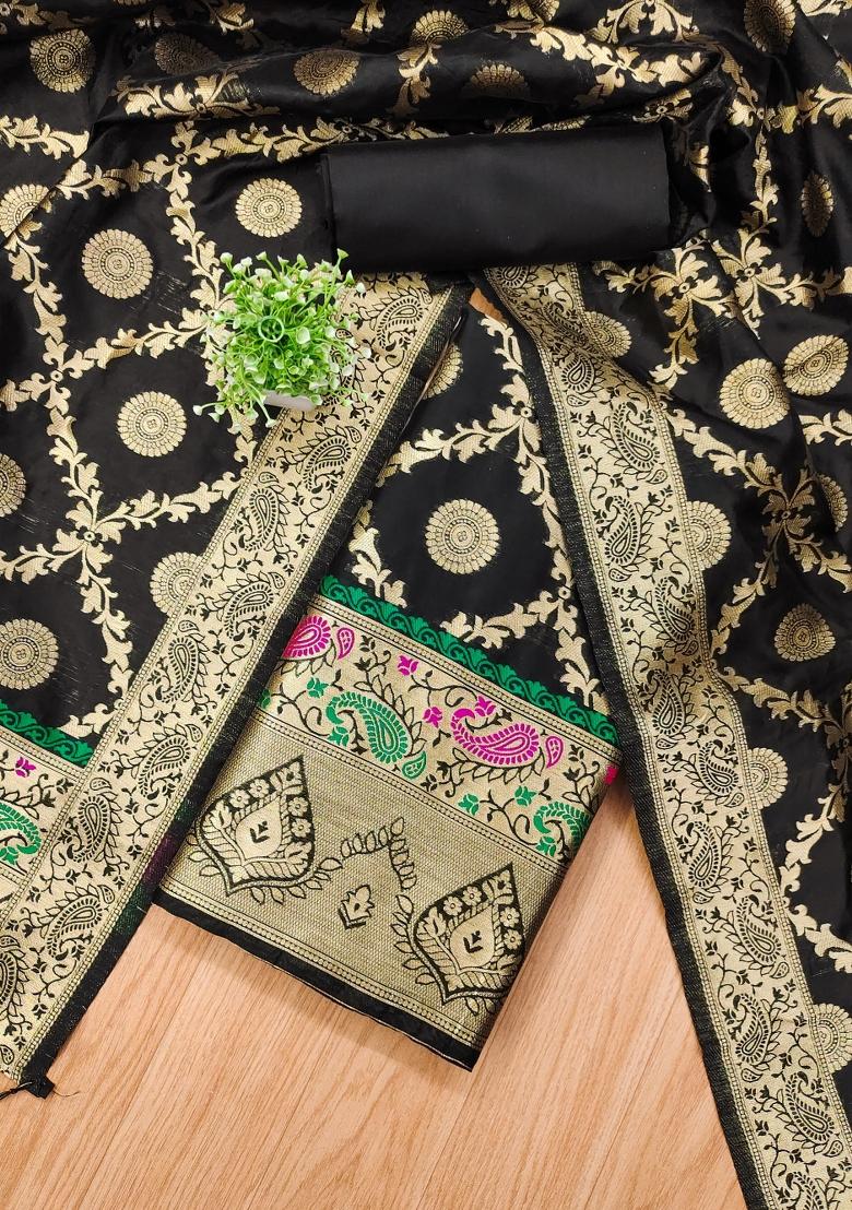 Black Zari Woven Silk Dress Material