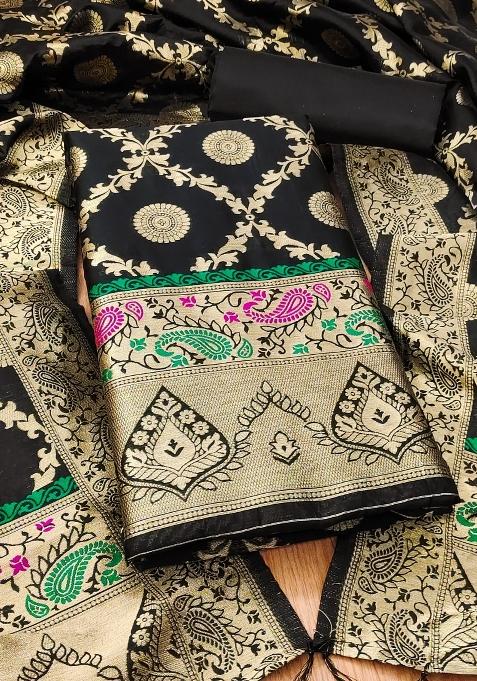 Black Zari Woven Silk Dress Material