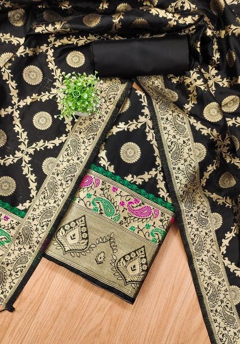 Black Zari Woven Silk Dress Material