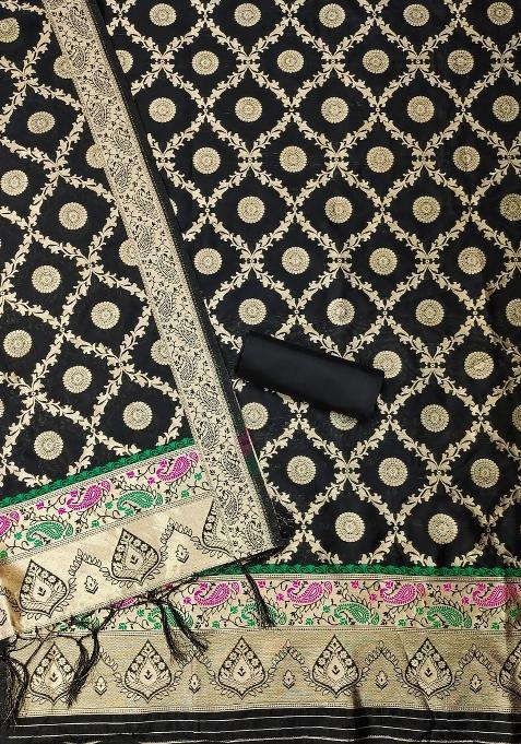 Black Zari Woven Silk Dress Material