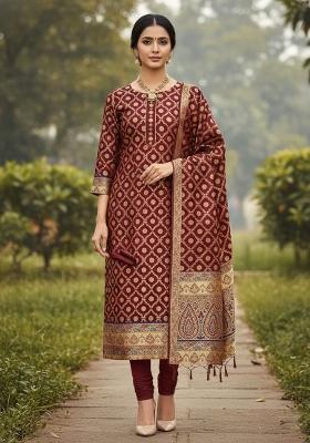 Maroon Zari Woven Silk Dress Material