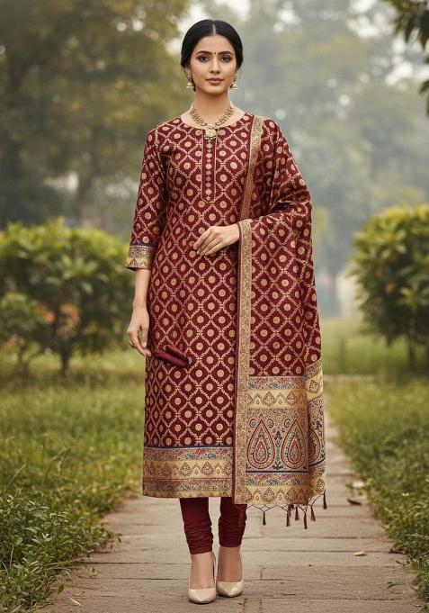 Maroon Zari Woven Silk Dress Material